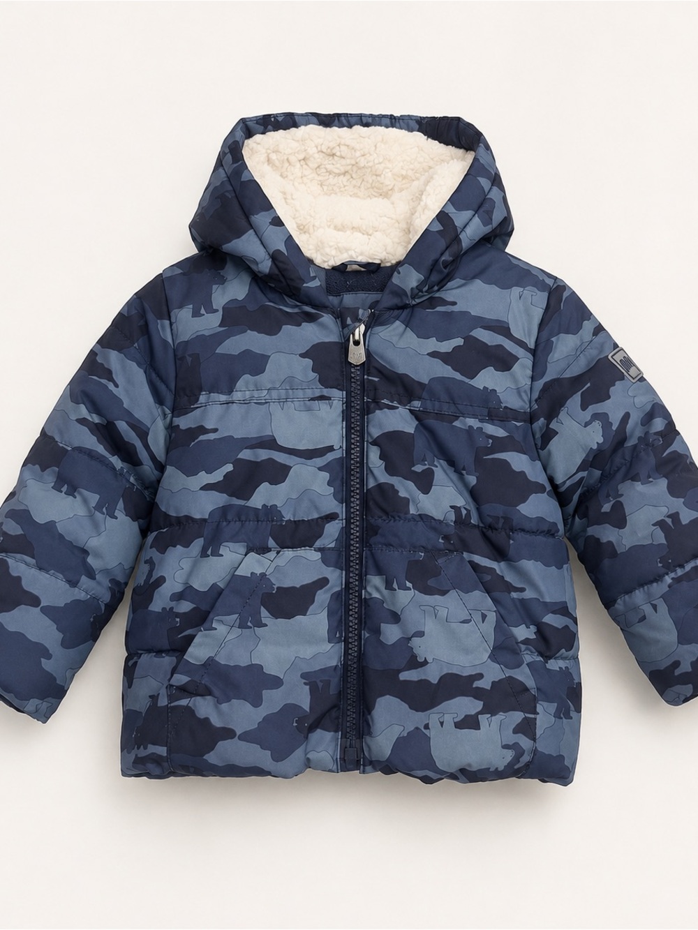 Baby Gap Blue Animal Camo Puffer Jacket Sherpa Hood 12-18M